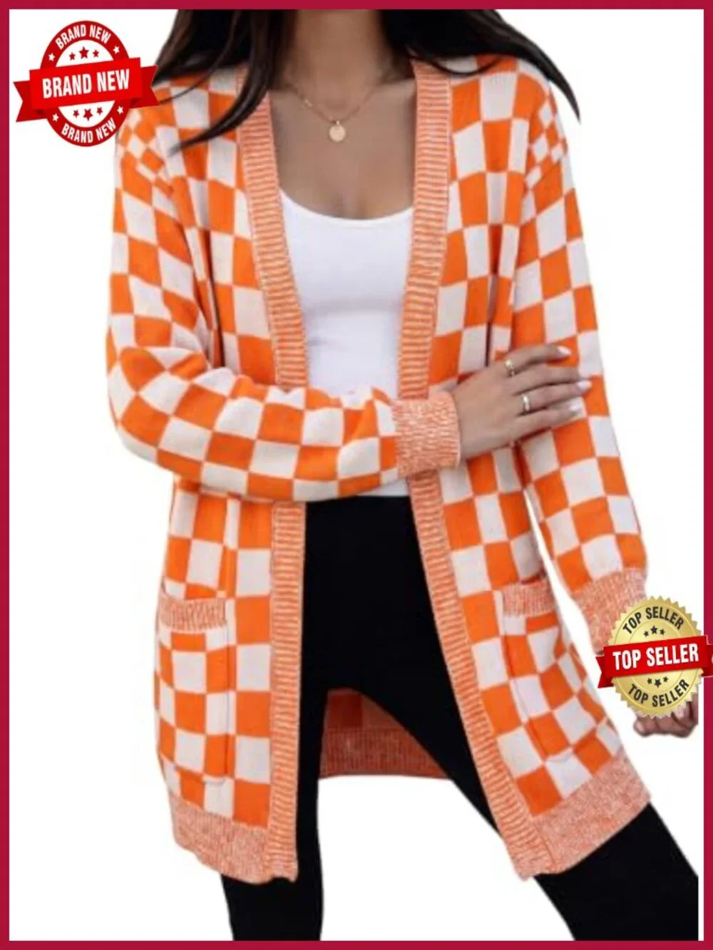Chunky Knit Checkered Cardigan Sweater - Open Front with Pockets